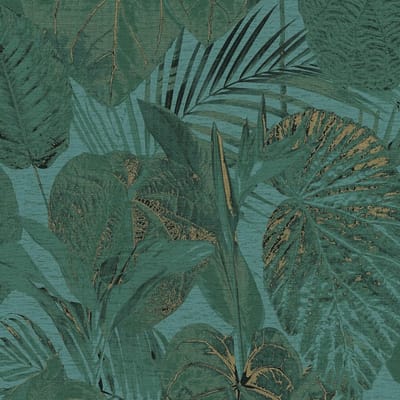 Natuur behang Profhome 393553-GU vliesbehang hardvinyl warmdruk in reliëf licht gestructureerd met bloemmotief en metalen accenten groen petrol goud blauwgroen 5,33 m2