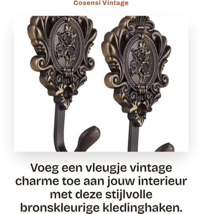 Dailygoods- Kledinghaken Vintage Stijl - Zinklegering - 2 Stuks - 10 x 5 cm - Elegante Houder - Geschikt voor Hoed/Kleding - Haak