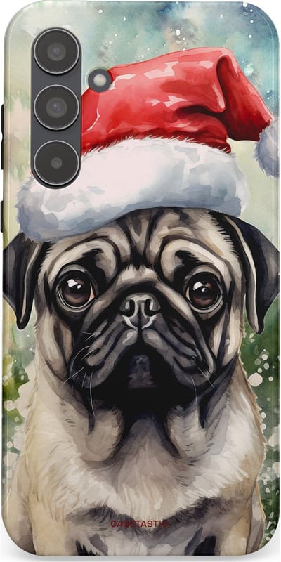 Casetastic hoesje geschikt voor Samsung Galaxy A55 - Dubbellaagse bescherming - Aquarel Kerstmis Pug Hond - Fashion Case - Grijs Taupe Donkergrijs Saliegroen