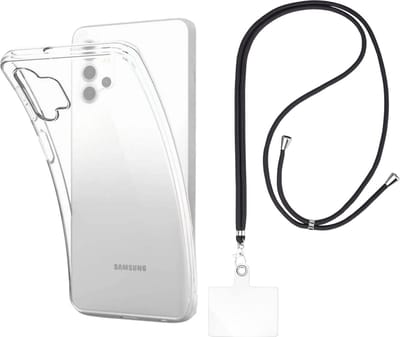 Set met hoesje en nekband voor Samsung Galaxy a32 5g - Flexibele, transparante TPU-bescherming, verstelbare universele nekband voor mobiele telefoons, zwarte nekband, transparante draagriem van Phonillico®