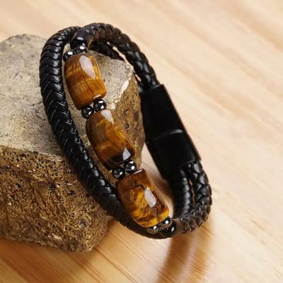 Leerella Echt Leer Dames en Heren Gevlochten Dubbellaagse Armband met Tijgeroog Natuursteen en Roestvrijstalen Magnetische Sluiting 20.5 cm - Stijlvol Unisex Sieraad voor Dames en Heren" Moederdag, Vaderdag, Verjaardag, Valentijnsdag
