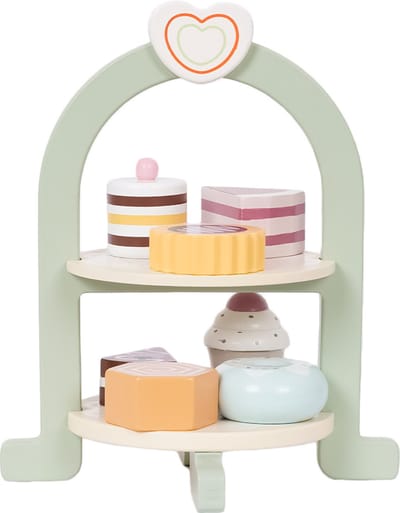 Speelgoedtopdeals - Houten Etagère/taartjesstandaard – Incl. 7 taartjes - Theekransje