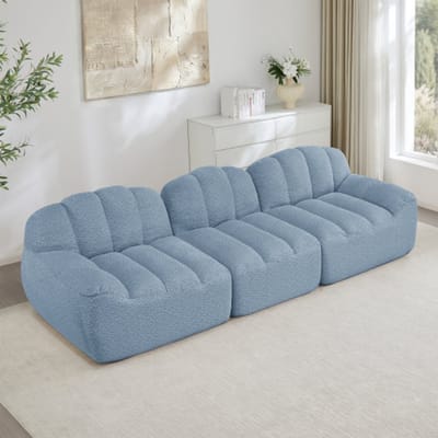 Modulaire hoekbank met 3 zitplaatsen – schelpvorm – diepe zitting – bank voor de woonkamer en appartementen – geen opstelling nodig – blauw