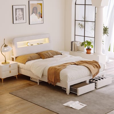 ROSAHQNDA Tweepersoonsbed 140 x 200 cm, gestoffeerd bed met 2 lades, opbergbed, hoofdbord met opbergvak en USB-aansluiting, jeugdbed, beige fluweel