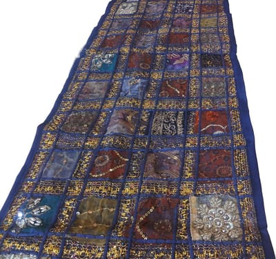 Marineblauwe, Donkerblauwe Patchwork Tafelloper - Handgeborduurde Indiase Katoenen Wanddecoratie