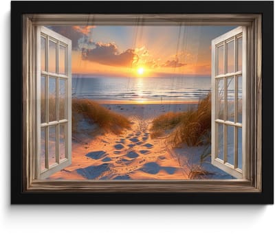 Poster in lijst - Fotolijst 40x30 cm - Posters - Doorkijk - Strand - Duinen - Zonsondergang - Posterlijst zwart - Decoratie - Wanddecoratie woonkamer - Muurdecoratie slaapkamer