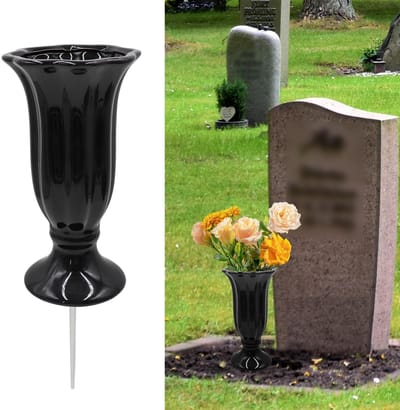 Vaas met metalen spike, gedenkbloemhouder voor grafdecoratie, elegant kerkhofornament voor tuin, gazon en outdoor eerbetoon