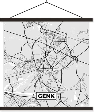 Posterhanger incl. Poster 60x60 cm - Schoolplaat - België – Genk – Stadskaart – Kaart – Zwart Wit – Plattegrond - Textielposter - Zwarte latten - Stadskaart