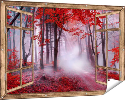 Gards Tuinposter Doorkijk Rood Bos met Bomen - 150x100 cm - Tuindoek - Tuindecoratie - Wanddecoratie buiten - Tuinschilderij