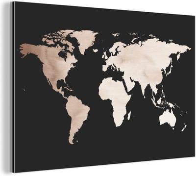 Wanddecoratie Metaal - Aluminium Schilderij Industrieel - Wereldkaart - Bruin - zwart - 120x80 cm - Dibond - Foto op aluminium - Industriële muurdecoratie - Voor de woonkamer/slaapkamer