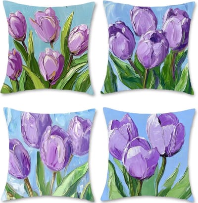 Kussensloop, 50 x 50 cm, paars, sofakussen voor buiten, waterdicht, linnen, bloem, set van 4 sierkussens met verborgen ritssluiting, voor bank, woonkamer, thuis, decoratie, S1-214