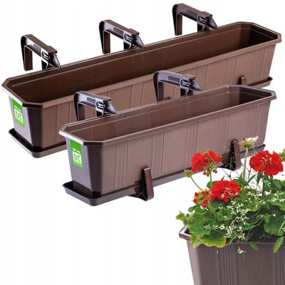 KADAX Bloembakset, balkonbak van kunststof, plantenbak voor bloemen en kruiden, duurzame balkonpot, plantenbak voor balkon, set van 1 x 60 cm en 1 x 80 cm, bruin