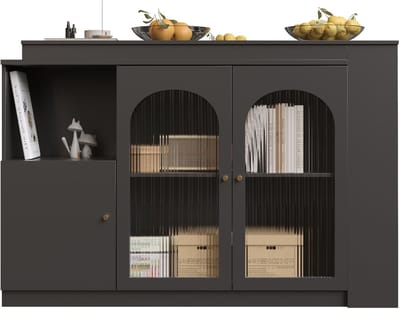 MODFU 360° draaibare barkast 120×40×97 cm – zwart MDF, glazen deur, draaibaar en ruime opberging