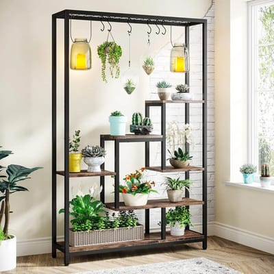 Linkforu - 5-laags Plantenstandaard - Metalen Plantenrek – met 10 Ophanghaken – Decoratie Legkast – Boekenkast - Bruin – 180 cm