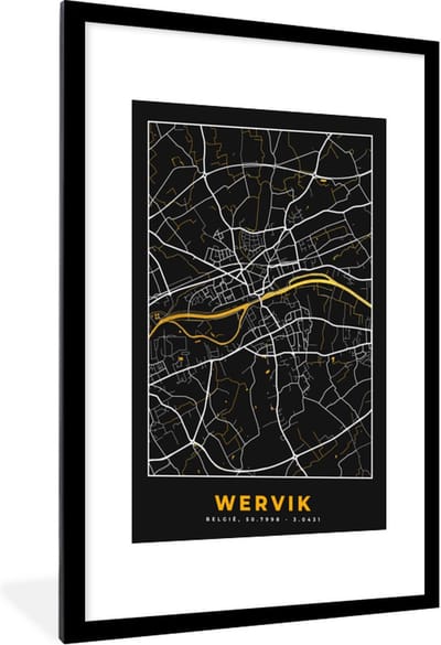 Fotolijst incl. Poster - Wervik - Plattegrond - Kaart - Goud - Stadskaart - 60x90 cm - Posterlijst