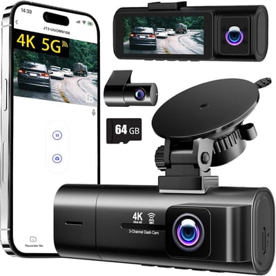 Dashcam - Zwart - 4 x 12 x 4 cm - 3-Kanaals Autocamera met 5G-WLAN en 64-GB SD-kaart - Voor Veiligheid op de Weg