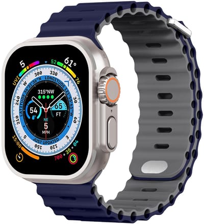 Stravo Sport Siliconen Ocean horlogebandje met metalen insteeksluiting – Geschikt voor Apple Watch 42mm (Series 11/10), 41mm (Series 9/8/7), 40mm (Series 6/5/4, SE 1/2/3), 38mm (Series 3/2/1) – Blauw / grijs