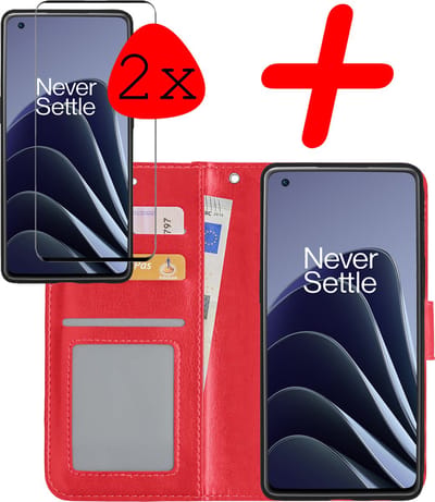 Hoesje Met 2x Screenprotector - Geschikt voor OnePlus 10 Pro - Luxe Pasjeshouder - Bookcase Portemonee - Flip Case - Kunstleer Book Case - Flipcase Hoes - Book Cover - Walletcase - Portemonneehoes - Rood