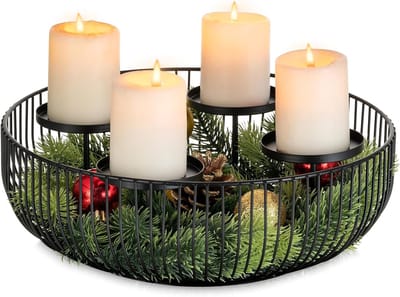 Moderne Zwarte Adventskrans met Kaarshouder - 4 Pilaar Kaarsen - Kerstdecoratie in Metaal