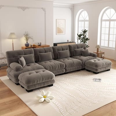 4-Zits Bank, U-Bank, Modulaire Hoekbank, U-vormige Bankstel voor de Woonkamer, Comfortabele 4-zitsbank met Verplaatsbare Poef, Doe-het-zelf Combinatie, Chenille-Bruin