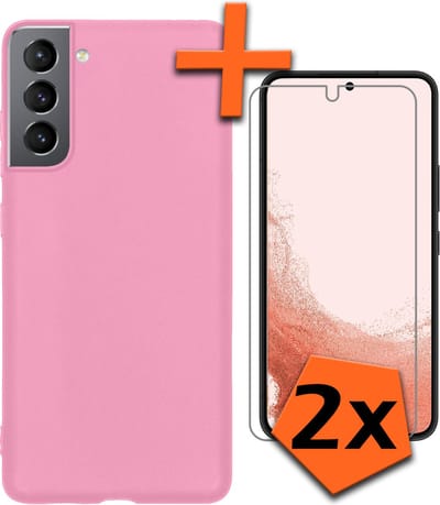 Hoes - Met 2x Screenprotector - Geschikt voor Samsung Galaxy S22 - Sterk & Shockproof - Back Cover - Siliconen Case - Telefoon Hoes - Lichtroze