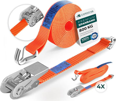 Set van 4 Robuuste Spanbanden met Ratel - 800kg - TÜV/GS Gecertificeerd - 6 Meter - 25mm Breed - Zware Lading Zekeren
