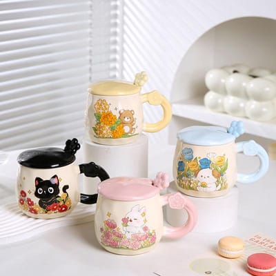 Schattig Klein Dier met Deksel Lepel Keramische Kop Cartoon Hoge Waarde Grote Capaciteit Waterbekerset Thuis Meisje Mok 390ML white