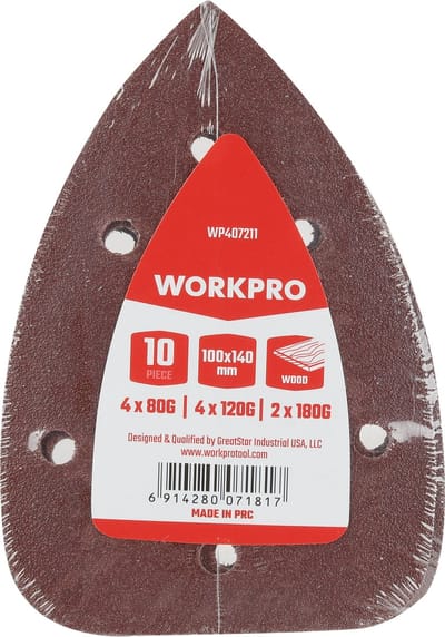 WORKPRO WP407211 – Schuurvellen Klittenband 90 × 140 mm – Set van 10 stuks – Korrel 80G / 120G / 180G – Aluminiumoxide