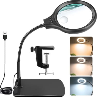 Versterker met Licht 10X 20X, 2-in-1 Vergootlamp met 3 Kleurmodi en Flexibele Hals voor Hobbys en Handen Vrije Leeservaring