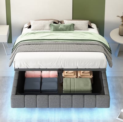 MEUNIQ Polsterbed 140x200 cm met opbergruimte, LED-verlichting en zwevend ontwerp, bedframe zonder vast hoofdbord voor slaapkamer, grijs