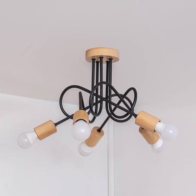 HELAM Plafondlamp Oxford, zwart, hout, metaal, 5-lamps, Ø 47 cm