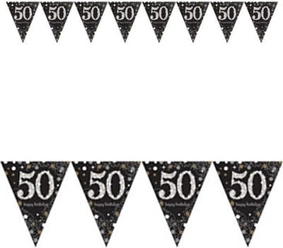 50 jaar vlaggenlijn verjaardag - 3x - zwart - 4 meter - leeftijd feestartikelen versiering - plastic