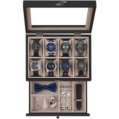 Songmics Horloges Doos 8/12 Compartimenten Massief Houten Doos Glazen Deksel zwart