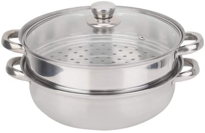 Dailygoods- Stalen Pot - 2-Laags Ontwerp - Poreuze Structuur - Voor Kookpan - Geschikt Voor Inductie - Glazen Deksel