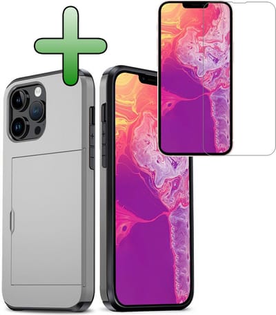 Hoes Geschikt voor iPhone 14 Pro Hoesje Hard Case Met Pas Houder Met Screenprotector - Hoesje Geschikt voor iPhone 14 Pro Hoes Shockproof Hard Cover Met Kaarthouder - Grijs