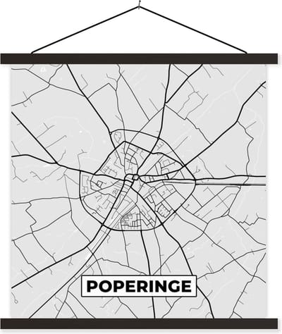 Posterhanger incl. Poster 60x60 cm - Schoolplaat - Stadskaart – Plattegrond – België – Zwart Wit – Poperinge – Kaart - Textielposter - Zwarte latten - Stadskaart