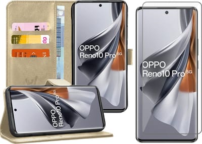 Hoesje geschikt voor Oppo Reno 10 / 10 Pro - Screenprotector Glas - Portemonnee Book Case Goud