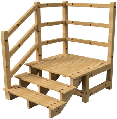 MILANO buitentrap 3 treden H54 cm - bordes L116 x B120 cm - trapleuning links - bordesleuning links en achteraan