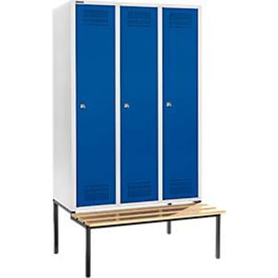 Schäfer Shop Genius Kledinglocker met zitbank, 3 compartimenten, 400 mm compartimentbreedte, cilinderslot, lichtgrijs/gentiaanblauw