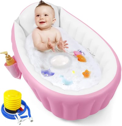 Opblaasbare babybadkuip, draagbare reisbabybadkuip voor baby's, peuterbad met luchtpomp, opvouwbaar antislip douchebak, mini-luchtzwembad voor pasgeborenen (roze)