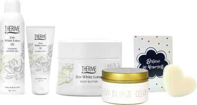 Therme Cadeauset Zen White Lotus Douche & Succes - Therme Shower Foam Zen White Lotus - Therme Body Butter Zen White Lotus - MyFlame Kaarsje Een Blikje Geluk