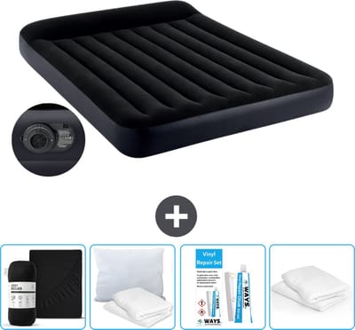 Intex Luchtbed - 2-Persoons - 152 x 203 x 25 cm - Blauw - Inclusief pomp - Hoeslaken - Kussen - Reparatieset en Kussenbeschermer