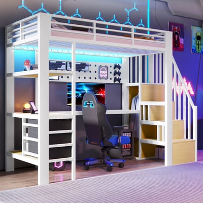 HAUSS SPOLE Hoogslaper 90x200 cm - Met Bureau, Opberglades En Ledverlichting - Zonder Matras - Metaal En MDF - Wit