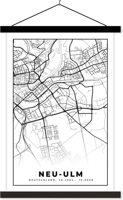 Posterhanger incl. Poster 40x60 cm - Schoolplaat - Plattegrond - Kaart - Neu-Ulm - Stadskaart - Textielposter - Zwarte latten - Stadskaart