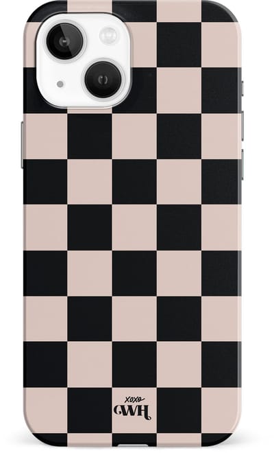xoxo Wildhearts Block Me Single Layer - Hoesje geschikt voor iPhone 14 Plus hoesje - Blokjes print hoesje geschikt voor iPhone 14 Plus beschermhoes shockproof case - geblokt - Uniek hoesje met blokjes - zwart / beige