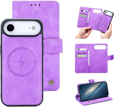 Casemania Hoesje Geschikt voor Apple iPhone 17 Air - Bright Lila - Kunstleer 2 in 1 Afneembare Bookcase - Geschikt voor MagSafe - Magnetische Telefoonhoesje met Pasjeshouder en Standaardfunctie