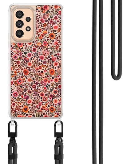 Hoesje met koord geschikt voor Samsung Galaxy A53 - Vintage floral - Inclusief Zwart koord - Crossbody beschermhoes - Transparant, Roze - Mooie Telefoonhoesjes