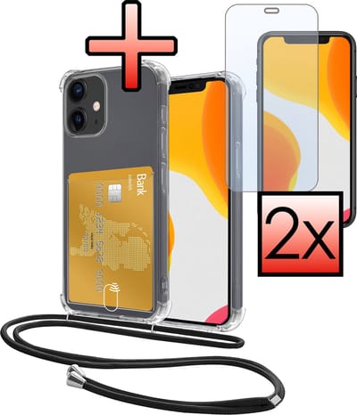 Hoes Geschikt voor Apple iPhone 12 Hoesje Pasjeshouder Cover Met Koord Shock Proof Case Siliconen Hoes Met Telefoonkoord en Kaarthouder Met 2x Screenprotector - Transparant