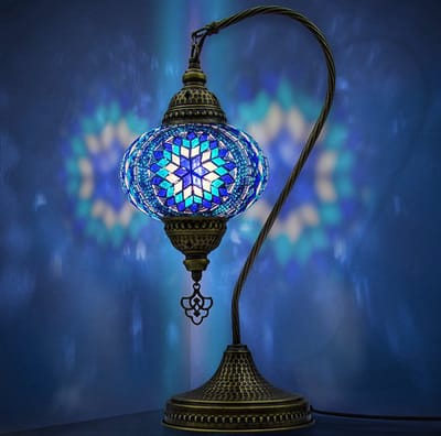Mozaiek Lamp - handgemaakte tafellamp - 1 stuk - blauw en messing basis