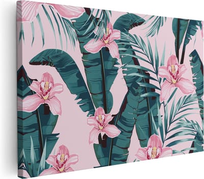 Artaza Canvas Schilderij Tropische Bladeren - 30x20 cm - Klein - Wanddecoratie Bloemen - Muurdecoratie Botanisch - Kamer Accessoires Roze
